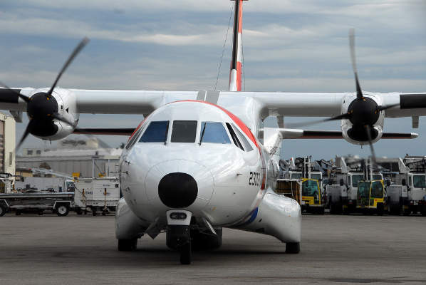 A close front view of the HC-144A Ocean Sentry medium-range surveillance aircraft. Image courtesy of USCG, photo by PAC Sarah B. Foster.